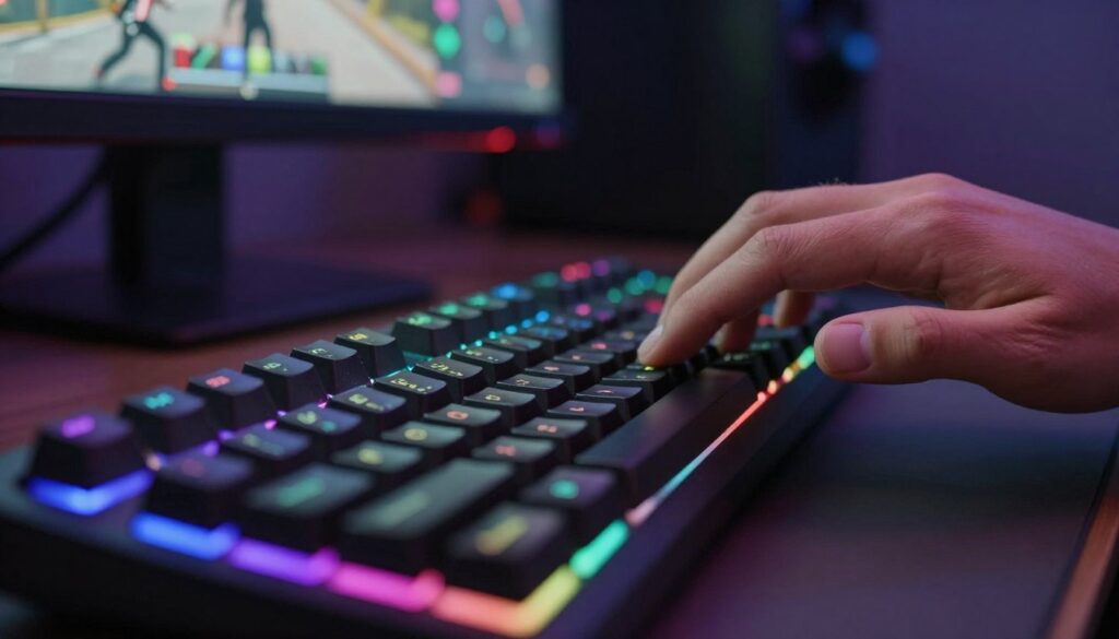 A close-up image of a malfunctioning gaming keyboard, focusing on specific keys that appear sticky or unresponsive, highlighting the potential issues. The foreground should feature detailed keys in vibrant RGB lighting, casting a soft glow. In the middle ground, a partially visible hand is shown attempting to press a key, expressing frustration, with well-groomed fingernails. The background is a dimly lit gaming setup, featuring a blurred-out monitor displaying a first-person shooter game, enhancing the contrast between the keyboard and its environment. The atmosphere should convey a sense of urgency and technical concern, with shadows subtly playing across the desk surface to create depth and interest.