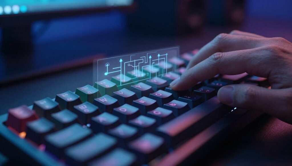 A close-up view of a computer keyboard showcasing the phenomenon of ghosting and key blocking. In the foreground, highlight several colorful mechanical keys being pressed, with specific keys remaining unresponsive to represent ghosting. The middle section features a partially transparent overlay illustrating electrical signals to emphasize the technical aspects of the issue. The background should be softly blurred, revealing a dark workspace illuminated by the cool blue light of a monitor, enhancing the tech-savvy atmosphere. Utilize sharp focus on the keys with a shallow depth of field to draw attention, and create a mood of intrigue and professionalism, suitable for gamers and tech enthusiasts alike.