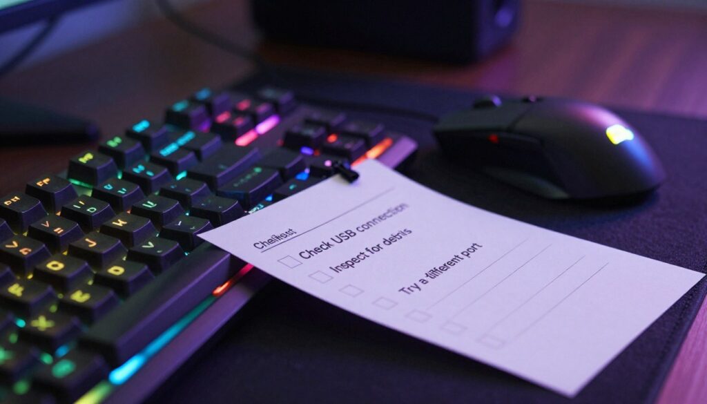 A close-up view of a gaming keyboard with illuminated keys displaying vibrant RGB lighting. The foreground features a well-organized checklist pinned next to the keyboard, with items like "Check USB connection," "Inspect for debris," and "Try a different port" neatly listed. In the middle ground, a sleek gaming mouse sits alongside the keyboard, reflecting the high-tech environment. The background is slightly blurred, showcasing a darkened room with ambient LED lights casting a moody glow, enhancing the focus on the keyboard and checklist. The scene conveys a sense of urgency and attention to detail, ideal for troubleshooting gaming gear. Soft, even lighting highlights the textures and colors while ensuring clarity without any distractions.