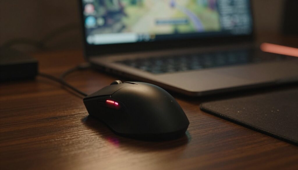 A close-up view of a gaming mouse on a dark wooden desk, partially out of focus to emphasize signs of disconnection. The mouse's LED light flickers intermittently, hinting at malfunction. In the background, a computer screen shows a paused video game display, adding to the sense of interruption. There are subtle hints of potential causes: a tangle of cables, a dust-covered mousepad, and a faint glow of a laptop in the corner illuminating the scene. The lighting should be warm and slightly dimmed, creating an atmosphere of tension and frustration. The angle is slightly tilted, adding a dynamic perspective, and there are no people visible in the frame.