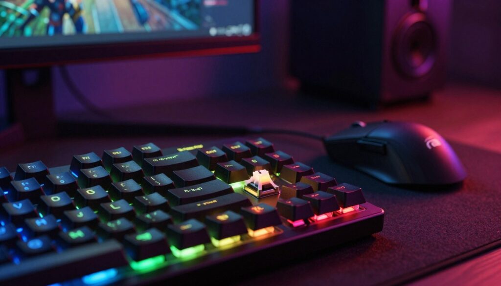 A close-up view of a high-end gaming keyboard showcasing highlighted key switches indicating n-key rollover functionality. The foreground features the keyboard with vibrant RGB backlighting illuminating individual keys, emphasizing their responsiveness. The middle ground displays a sleek gaming mouse beside the keyboard, subtly reflecting the same color theme. The background is softly blurred with a dramatic gaming setup featuring a large monitor displaying a gaming interface, enhancing the immersive atmosphere. The composition captures a sense of excitement and intensity, with dynamic lighting that creates contrasting shadows and highlights. The image should evoke a feeling of high performance and technological sophistication, emphasizing the importance of n-key rollover in gaming.