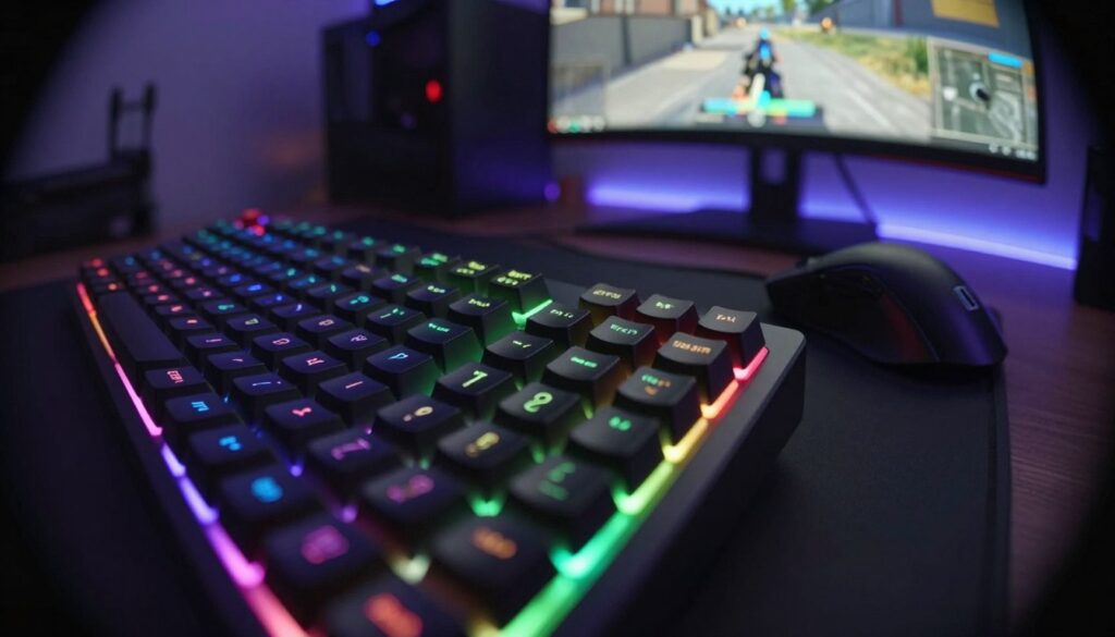 A close-up view of a high-performance gaming keyboard set against a blurred backdrop of a modern gaming setup. The keyboard features customizable RGB lighting, displaying a dynamic color pattern that shifts to show the intensity often associated with FPS gaming. In the foreground, focus on the keys, some of which appear stuck or malfunctioning, as indicated by a few that are dimmed or unlit. The middle ground should show a sleek gaming mouse, further emphasizing the gaming theme, while the background includes a slightly out-of-focus monitor displaying a first-person shooter game in action. The lighting should create a moody atmosphere with contrasts between the vibrant colors of the keyboard and the darker tones of the gaming environment. Use a slight fish-eye lens effect to enhance the immersive quality of the scene.