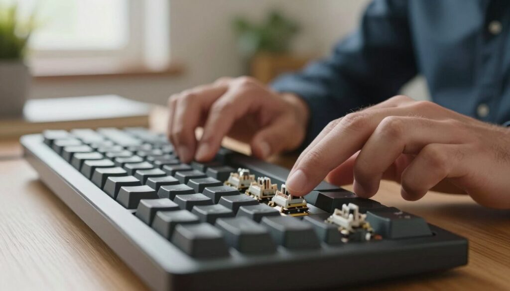 A close-up view of a mechanical keyboard on a wooden desk, showcasing a particular switch that is visibly worn out. The foreground features the keyboard with keys slightly offset to reveal a worn switch, highlighting its frayed edges and discoloration. The middle ground includes a pair of hands, casually dressed in professional attire, testing the switch by pressing it repeatedly, conveying an expression of focus and determination. The background softly blurs, featuring a cozy home office setup with plants and books, providing a warm, inviting atmosphere. Soft, natural light streams through a nearby window, creating gentle highlights on the keyboard and enhancing the overall mood of careful inspection and troubleshooting.