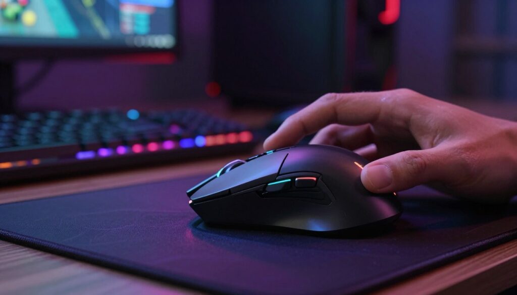 A close-up view of a sleek, modern gaming mouse resting on a vibrant, textured gaming mousepad. The mouse is highlighted by a soft glow emanating from its RGB lighting, showcasing intricate design details like customizable buttons and a smooth ergonomic shape. In the foreground, a hand is poised above the mouse, fingers slightly hovering, indicating hesitation or contemplation. The middle ground features a softly blurred keyboard and computer monitor displaying gaming graphics, suggesting a dynamic gaming environment. The background is dimly lit, creating a focused atmosphere that emphadata-sizes the mouse's importance in gameplay. The overall mood reflects a sense of urgency and reflection, capturing the crucial moment of deciding when to upgrade or replace gaming equipment.