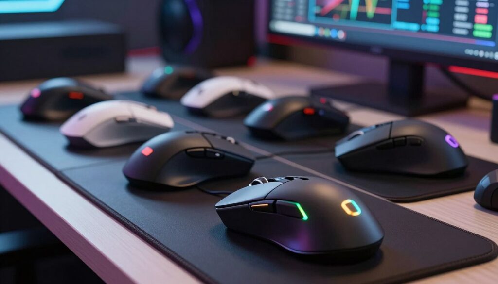 A close-up, well-lit composition of multiple gaming mice on a sleek, modern desk, showcasing their unique designs and ergonomic features. In the foreground, focus on a high-tech, illuminated gaming mouse with customizable buttons and RGB lighting. In the middle, include a variety of traditional mice, contrasting the advanced technology, all featuring different materials and colors. In the background, subtly display a blurred computer screen with performance graphs or game stats to imply the connection to gaming. The lighting should be soft yet vibrant, highlighting the textures of the mice and creating a dynamic atmosphere. Use a shallow depth of field to emphasize the foreground while suggesting a slightly cluttered yet organized gaming workspace.