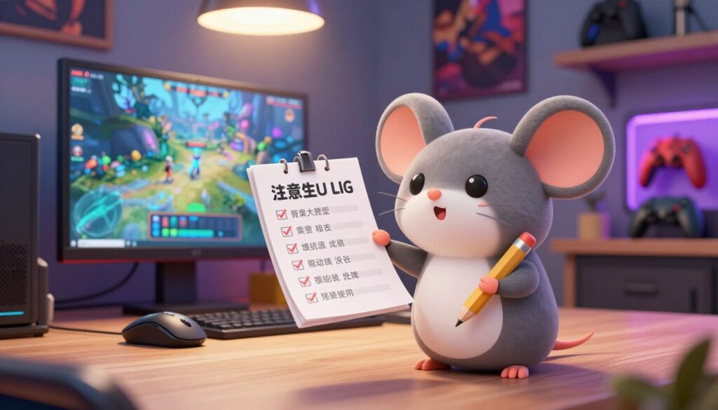 A cute cartoon mouse character holding a checklist with various mouse settings and optimizations, such as DPI adjustments and polling rate, depicted in a lively workspace. The foreground features the mouse with a pencil in its tiny paws, looking focused and determined. In the middle, a computer with a colorful gaming setup, showing a vibrant screen displaying game graphics, and a wireless mouse beside it. The background adds a cozy room vibe with gaming posters and shelves filled with gaming gear. Bright overhead lighting highlights the scene, creating an energetic and motivating atmosphere. The composition should reflect a fun yet informative mood, emphasizing the theme of reducing mouse lag.