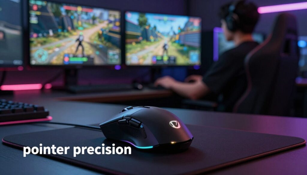 A digital artwork depicting the concept of "pointer precision" in gaming, focusing on a computer mouse and its ergonomic design. In the foreground, a high-tech gaming mouse with customizable features and a glowing RGB light, resting on a sleek mouse pad, designed for precision. The middle ground showcases a blurred gaming setup with multiple monitors displaying FPS game graphics, emphasizing concentration. In the background, a dimly lit room with subtle ambient lighting, casting glows around the peripherals, enhancing the focus on the mouse. The atmosphere is intense and immersive, evoking the feeling of a competitive gaming environment. Soft shadows and highlights accentuate the sleek design and functionality of the mouse, inviting the viewer to consider the impact of mouse acceleration on gaming accuracy.
