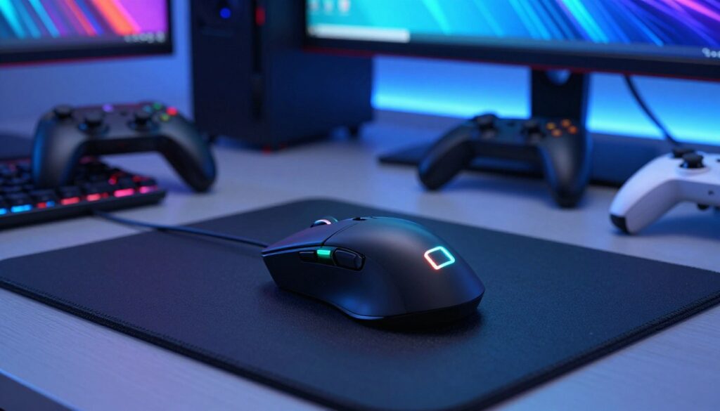 A high-quality gaming mouse designed for console use, resting on a sleek, modern gaming setup. In the foreground, the mouse is detailed, showcasing customizable buttons and RGB lighting that softly illuminates the surface. The middle ground features a stylish game console with controllers and a gaming monitor displaying vibrant graphics. The background reveals a cozy gaming room with ambient lighting, emphasizing a tech-savvy atmosphere. The image is illuminated with a cool blue light, casting gentle shadows and enhancing the gaming vibe. The camera angle is a slightly elevated side view, capturing the mouse’s ergonomic design while ensuring the console and monitor are prominently visible, evoking excitement and focus in the atmosphere.