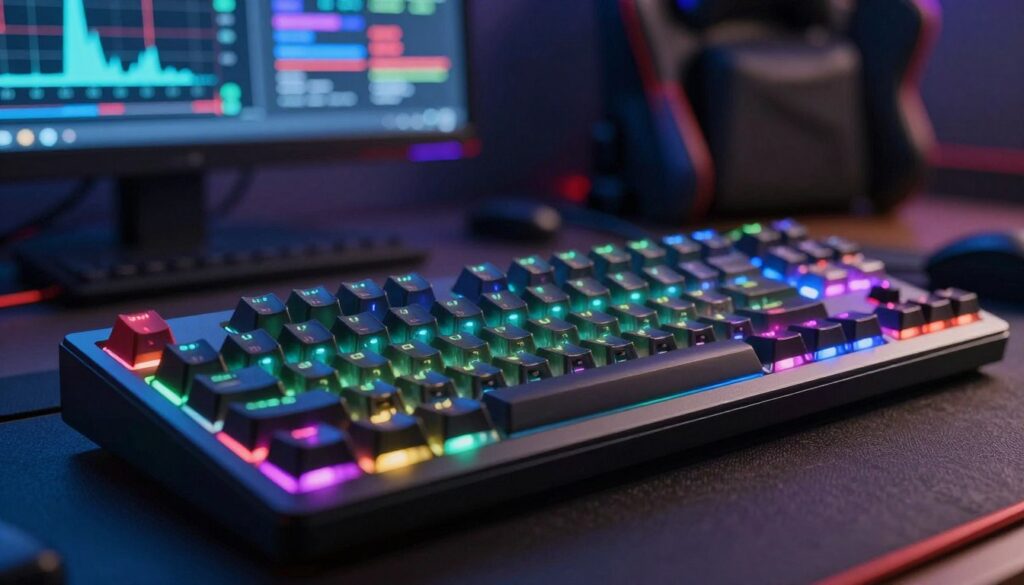 A high-resolution close-up of a diagnostic keyboard designed for testing input lag, showcasing intricate key switches and vibrant RGB lighting. The foreground features the keyboard with visible mechanical switches illuminated in various colors, emphasizing the advanced technology. In the middle ground, there are subtle visual indicators of lag measurements, like oscilloscopes or graphs displayed on a screen. The background is a softly blurred workspace with gaming gear, conveying an atmosphere of tech-savvy gaming. Soft, cool lighting enhances the futuristic feel, while a slight bokeh effect adds depth and draws attention to the keyboard. The overall mood is one of precision and innovation in the gaming world.