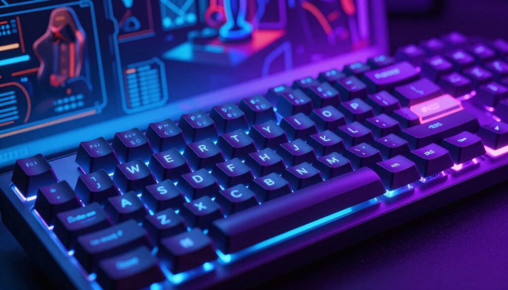 A high-resolution, detailed illustration of a gaming keyboard showcasing the concept of full n-key rollover, presented in a split view. In the foreground, highlight individual keys with luminous lighting effects, emphasizing their mechanical nature and responsiveness, with some keys pressed down to demonstrate simultaneous key activation. In the middle ground, depict a colorful, dynamic background with blurred images of various gaming setups and abstract digital patterns symbolizing fast-paced gaming. The lighting should be a vibrant neon blue and purple, creating an energetic atmosphere. The angle captures the keyboard from a slightly elevated perspective, providing a comprehensive view of the keys while maintaining a sleek and modern aesthetic. The overall mood is intense and focused, ideal for a gaming environment.