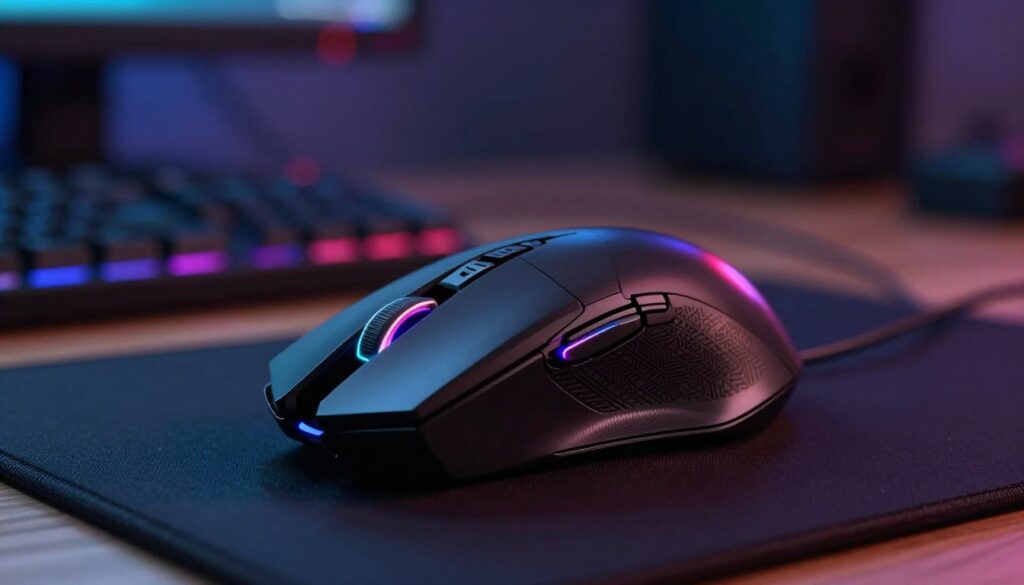 A highly detailed visual of a gaming mouse featuring an advanced optical sensor at the forefront, showcasing its intricate design with vibrant LED lights illuminating the sensor area. The mouse is positioned on a sleek gaming mouse pad, emphasizing its ergonomic shape and buttons. In the middle ground, there are subtle hints of a gaming setup, including a blurred keyboard and monitor, adding context without overcrowding the image. The background is softly blurred, reminiscent of a dimly lit gaming room, creating an immersive atmosphere. The lighting is artificial, focused on the mouse, casting gentle shadows for depth. Capture the sense of precision and technology inherent in modern gaming equipment, evoking the excitement of competitive gaming.