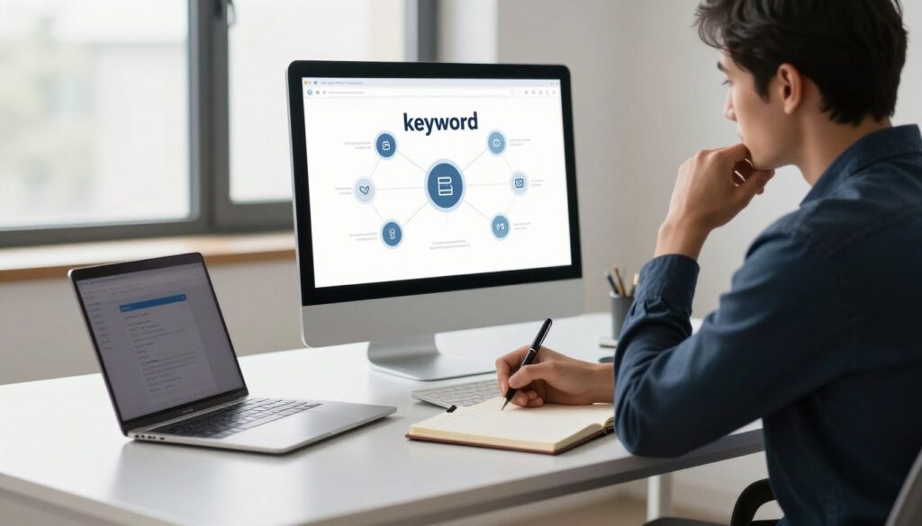 A minimalist workspace featuring a focused business professional sitting at a sleek desk, surrounded by open notebooks and digital devices, symbolizing the concept of defining a 'keyword' for webpage focus. In the foreground, the professional, dressed in smart casual attire, is deeply engaged in thought, jotting notes with a stylish pen. The middle ground displays a computer screen displaying a digital diagram illustrating the connection of keywords to web content. The background subtly includes large windows letting in soft, natural light, casting gentle shadows that enhance the atmosphere of concentration and creativity. The overall mood conveys clarity and professionalism, emphasizing the importance of focused communication in digital contexts.