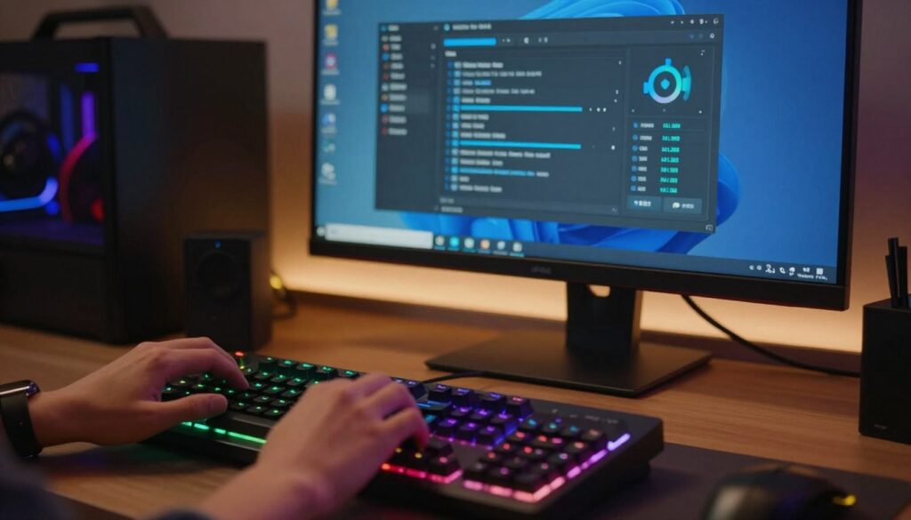 A modern workspace illustrating the concept of optimizing Windows settings to reduce input lag on gaming keyboards. In the foreground, a sleek gaming keyboard with colorful backlighting, keys visibly reflecting user interaction and light effects. The middle layer features a computer monitor displaying Windows settings, such as performance options and keyboard configuration, with an energetic glow emphasizing technology. The background includes an organized desk setup with a subtle gaming theme, perhaps some LED strip lighting illuminating the space. Soft, warm lighting enhances the mood, creating a focused and professional atmosphere. The scene should convey seriousness and innovation in technology without any textual elements or distracting features.