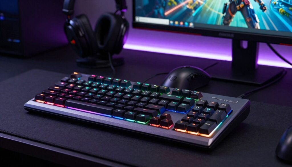 A sleek and modern Asus ROG Strix Scope II 96 Wireless keyboard prominently displayed in the foreground, its illuminated RGB keys showcasing vibrant colors against a dark background. The keyboard features a brushed metal finish and subtle branding that highlights its gaming pedigree. In the middle ground, a gaming mouse and headset complement the scene, subtly illuminated to create a cohesive gaming setup. The background is softly blurred, hinting at a stylish gaming desk adorned with ambient LED lighting and a large monitor displaying a dynamic gaming scene. Use soft, focused lighting to shed a professional glow on the keyboard and accessories, creating an energetic yet sophisticated atmosphere ideal for gamers. The angle captures the keyboard in a three-quarter view, emphasizing its sleek design and features without any text or distractions.