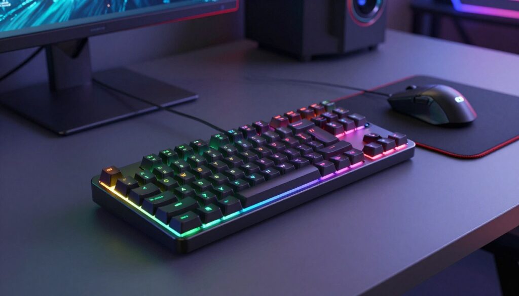 A sleek budget wireless gaming keyboard positioned prominently in the foreground, featuring a compact design with RGB backlighting illuminating the keys in vibrant colors. The keyboard is shown from a slight angle to showcase its slim profile and wireless connectivity features. In the middle ground, a stylish gaming mouse and a large mouse pad complement the setup, hinting at an immersive gaming experience. The background displays a softly blurred gaming environment, with subtle hints of a high-tech gaming monitor and ambient LED lighting, creating a focused and energetic atmosphere. The lighting is bright but soft, emphasizing the keyboard's details while maintaining a casual, yet engaging ambiance perfect for an entry-level gamer seeking value without sacrificing style or performance.