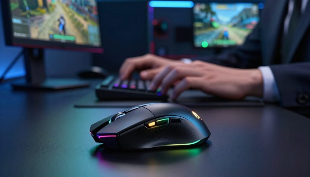 A sleek gaming mouse, designed with ergonomic curves and featuring customizable buttons, rests on a glossy surface. The foreground highlights the mouse, showcasing its textured grip and RGB lighting that shifts through vibrant colors. In the middle ground, a pair of human hands in professional business attire gently adjust the DPI settings, conveying precision and control. The background fades into a dynamic gaming setup, with a high-resolution monitor displaying a fast-paced FPS game, dimly lit by ambient blue and green lighting. The atmosphere is focused and energetic, capturing the essence of comfort and control critical for serious gamers. The scene is illuminated with soft, ambient light, enhancing the sleek design of the mouse and the high-tech environment.
