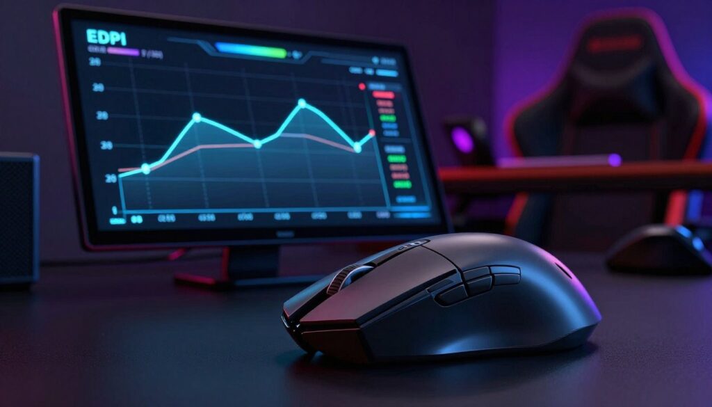 A sleek gaming mouse positioned prominently in the foreground, displaying its DPI settings on a stylish digital screen. In the middle ground, a detailed graphical representation of eDPI calculations connecting mouse movement to cm/360, illustrated with smooth lines and data points. The background features a dark gaming setup with ambient RGB lighting, subtly illuminating the workspace to create a high-tech atmosphere. The scene is captured from a low angle, emphasizing the mouse and the graphics, with a soft focus on the background elements to keep the viewer's attention on the subject. The mood is focused and professional, ideal for a gamer looking to enhance their precision and understanding of mouse sensitivity.