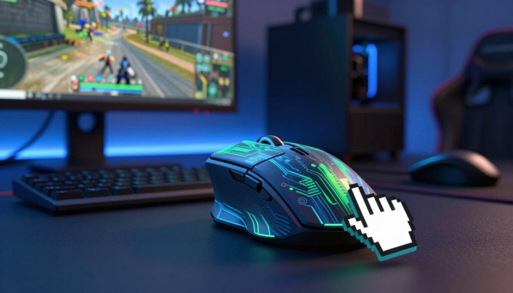A sleek, modern computer mouse cursor is prominently featured in the foreground, intricately designed with a digital motif, showcasing vibrant blues and greens that convey a high-tech feel. The cursor is depicted hovering over a digital gaming interface, with subtle pixel effects around it, indicating movement. In the middle ground, a softly blurred image of a gaming setup with a monitor displaying an intense FPS game scene adds depth, while highlighting the theme of precision and aiming. The background features a dimly lit room adorned with gaming accessories, casting a moody atmosphere enhanced by a soft blue LED glow. The scene is captured from a slightly elevated angle to emphasize the cursor's importance in the demystified gaming context, inviting the viewer to reflect on the challenges of mouse acceleration in FPS games.