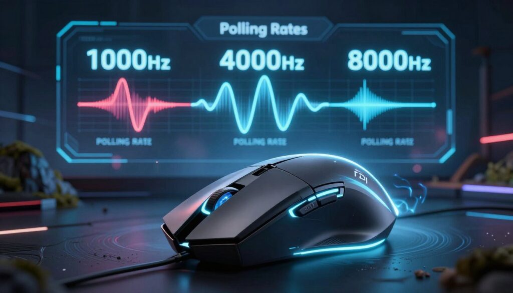 A sleek, modern gaming mouse prominently displayed in the foreground, showcasing its high-precision sensor and customizable DPI settings. The mouse is surrounded by an ethereal glow to signify speed and performance. In the middle ground, a digital interface illustrates different polling rates: 1000Hz, 4000Hz, and 8000Hz, represented by vibrant waveforms and numerical indicators in a futuristic font. The background features an abstract gaming environment, with blurred outlines of virtual landscapes and dynamic lighting effects, enhancing the sense of motion and responsiveness. The overall atmosphere is high-energy and competitive, emphasizing the importance of polling rate and latency in gaming, with cool tones and sharp contrasts to evoke a tech-savvy vibe.