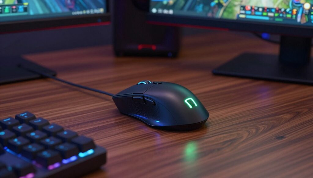 A sleek, modern wireless gaming mouse rests on a polished wooden desk. The mouse features customizable RGB lighting that glows subtly in blues and greens, highlighting its ergonomic curves and textured grip. In the foreground, a gaming keyboard with backlit keys sits beside it, hinting at the high-performance setup. The background is softly blurred to emphasize the mouse, with a gaming monitor displaying a competitive gaming scene illuminated from the screen’s glow. The lighting is moody and atmospheric, casting a dynamic interplay of shadows across the desk surface. Capture this scene with a wide-angle lens perspective, focusing on the intricate details of the mouse and subtle reflections on the desk to create an engaging visual experience that emphadata-sizes quality and performance.
