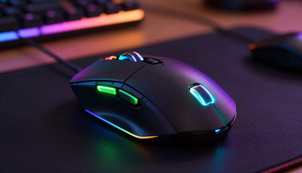 An artistic close-up of a high-end gaming mouse featuring vibrant RGB lighting that dynamically shifts in color. The foreground showcases the sleek contours of the mouse, with illuminated buttons glowing in a spectrum of blues, greens, and purples. In the middle ground, a dark, textured gaming mouse pad enhances the aesthetics with subtle reflections of the RGB lights. The background is softly blurred, hinting at a stylish gaming setup with LED lights casting a warm glow. The lighting is dramatic yet inviting, creating a high-energy atmosphere ideal for gaming enthusiasts. Capture the detailed craftsmanship of the mouse, emphasizing its ergonomic design amidst the enchanting RGB illumination.