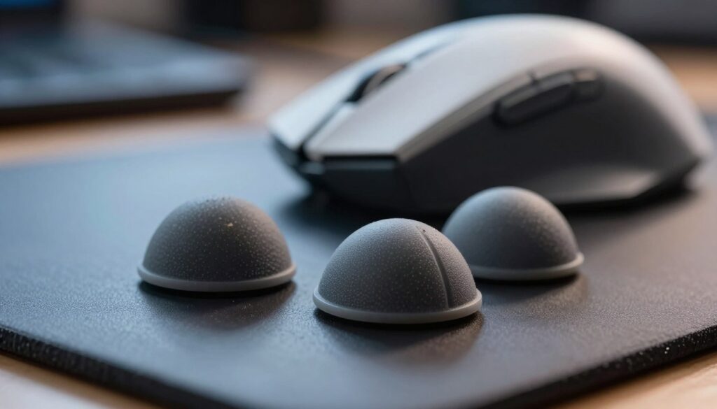 Close-up view of three gamer mouse feet positioned on a sleek, reflective gaming mousepad. The mouse feet are made of high-quality PTFE material, showcasing their smooth, rounded edges and fine texture. The foreground features clear details of the feet, emphasizing wear and tear, like small scratches or scuffs, indicating their usage. In the middle ground, a high-performance gaming mouse is partially visible, with a soft glow illuminating its design. The background is softly blurred to create depth, with ambient lighting that adds a professional and clean atmosphere. The scene captures the essence of gaming equipment maintenance, focusing on the importance of mouse feet in optimizing performance. The angle is slightly tilted to add dynamism, highlighting the relationship between the feet and the mouse.