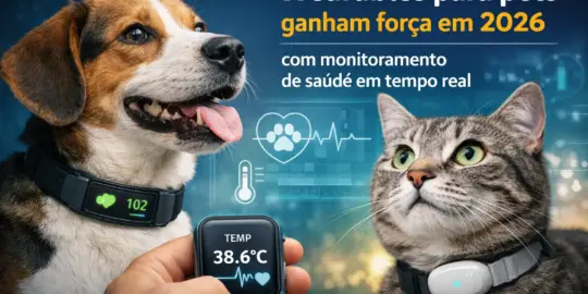 Beagle e gato com coleiras inteligentes monitorando saúde 2026