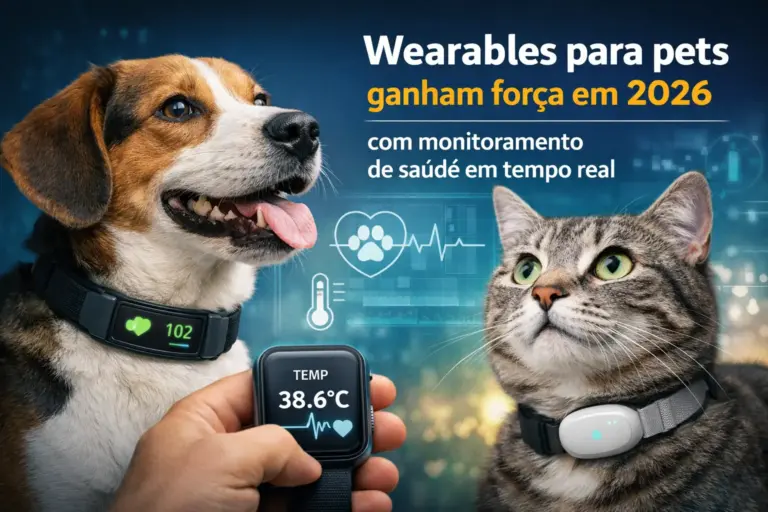 Beagle e gato com coleiras inteligentes monitorando saúde 2026