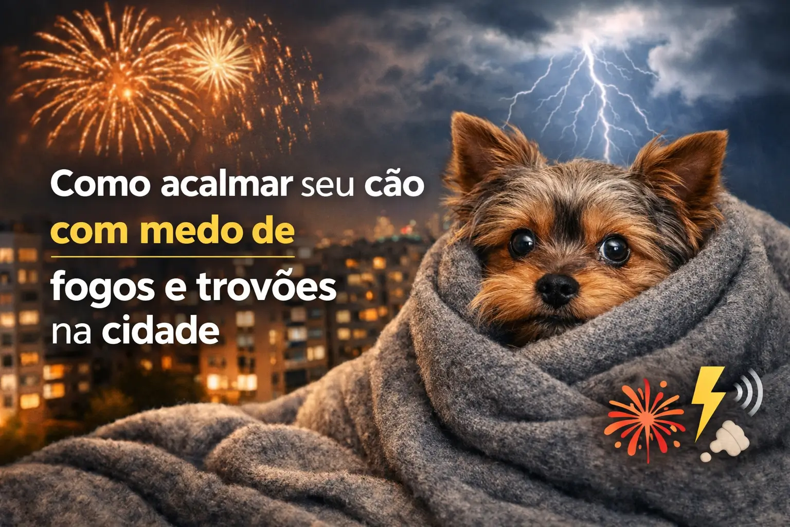 Cão pequeno no cobertor com fogos e trovões ao fundo