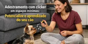 Treinamento de cachorro com clicker em sala de estar aconchegante
