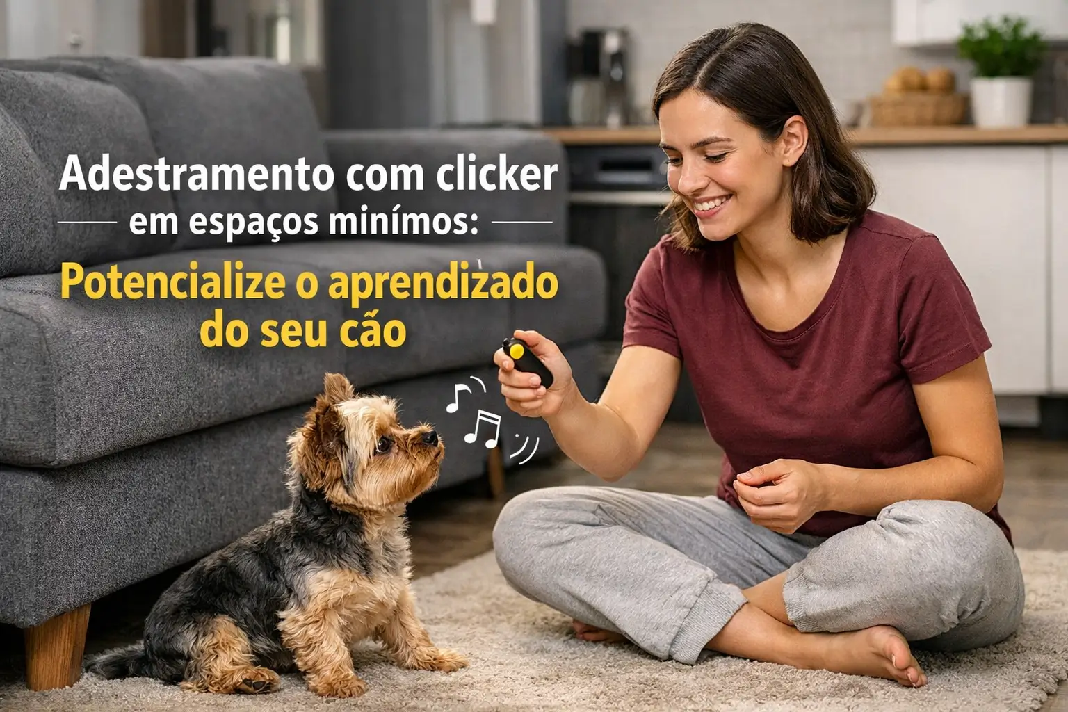 Treinamento de cachorro com clicker em sala de estar aconchegante