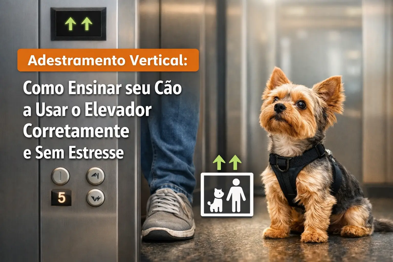 Cão adestrado usando elevador, treinamento vertical