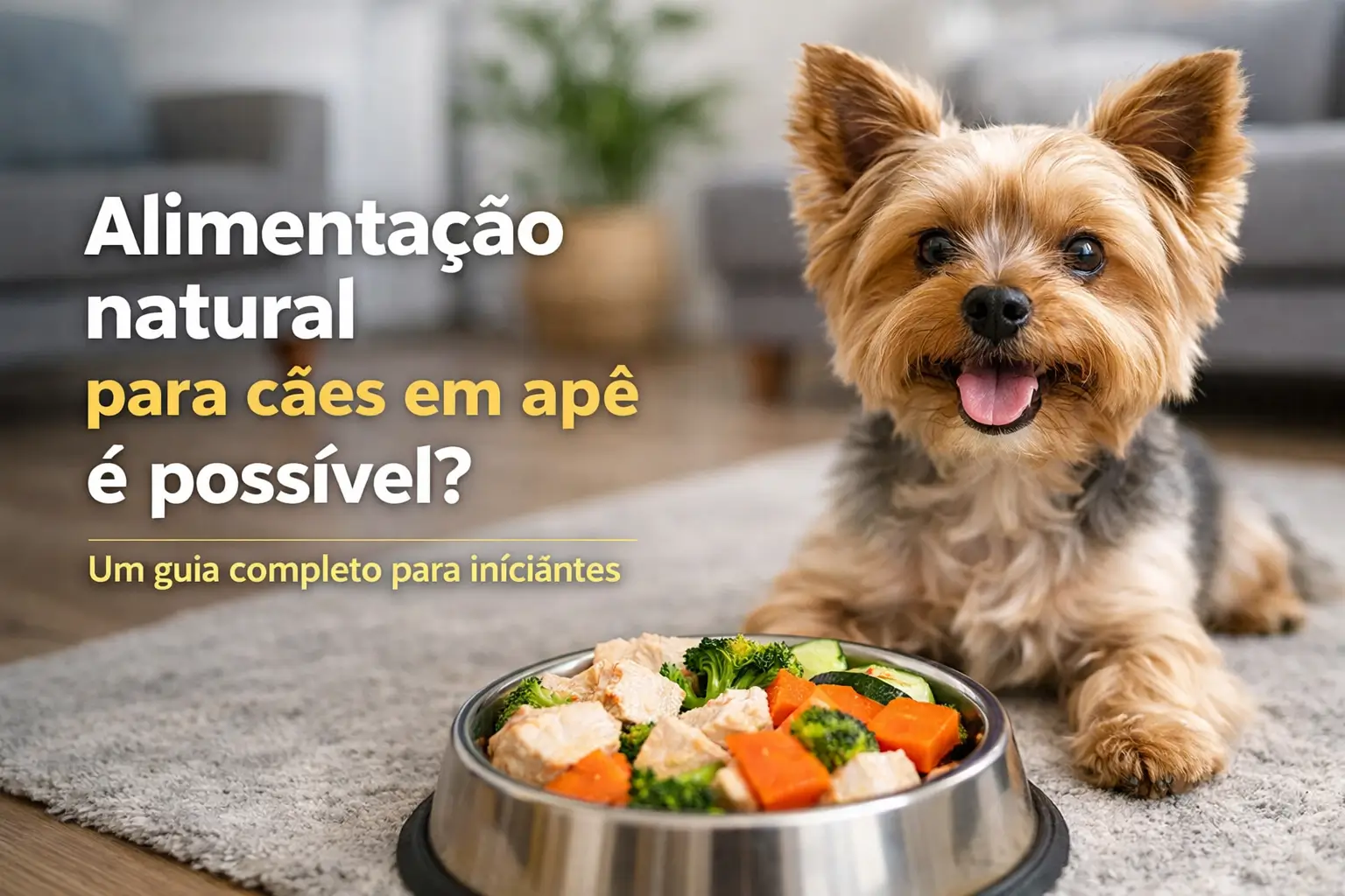 Cachorro feliz ao lado de tigela de comida natural colorida