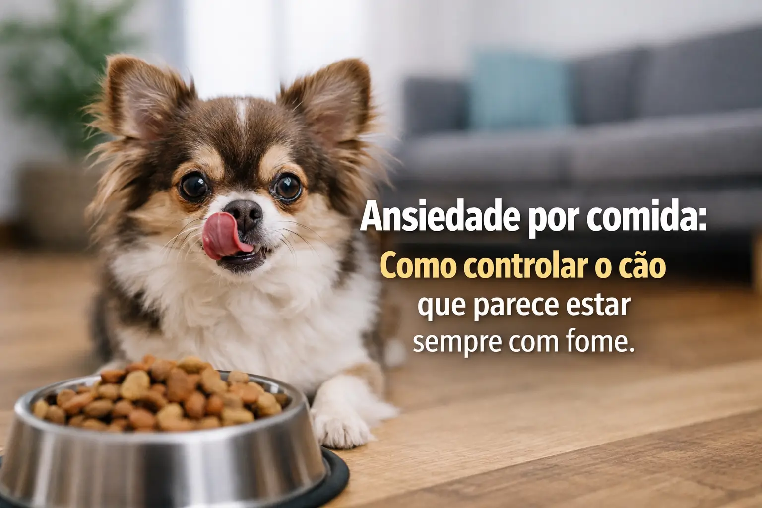 Chihuahua fofo ao lado de tigela cheia de ração