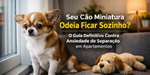 Chihuahua olhando pela janela com brinquedo ao lado, guiar ansiedade separação