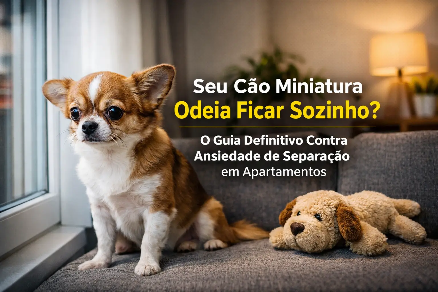 Chihuahua olhando pela janela com brinquedo ao lado, guiar ansiedade separação