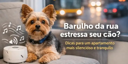 Yorkie no sofá com máquina de som e barulho da rua, 2026