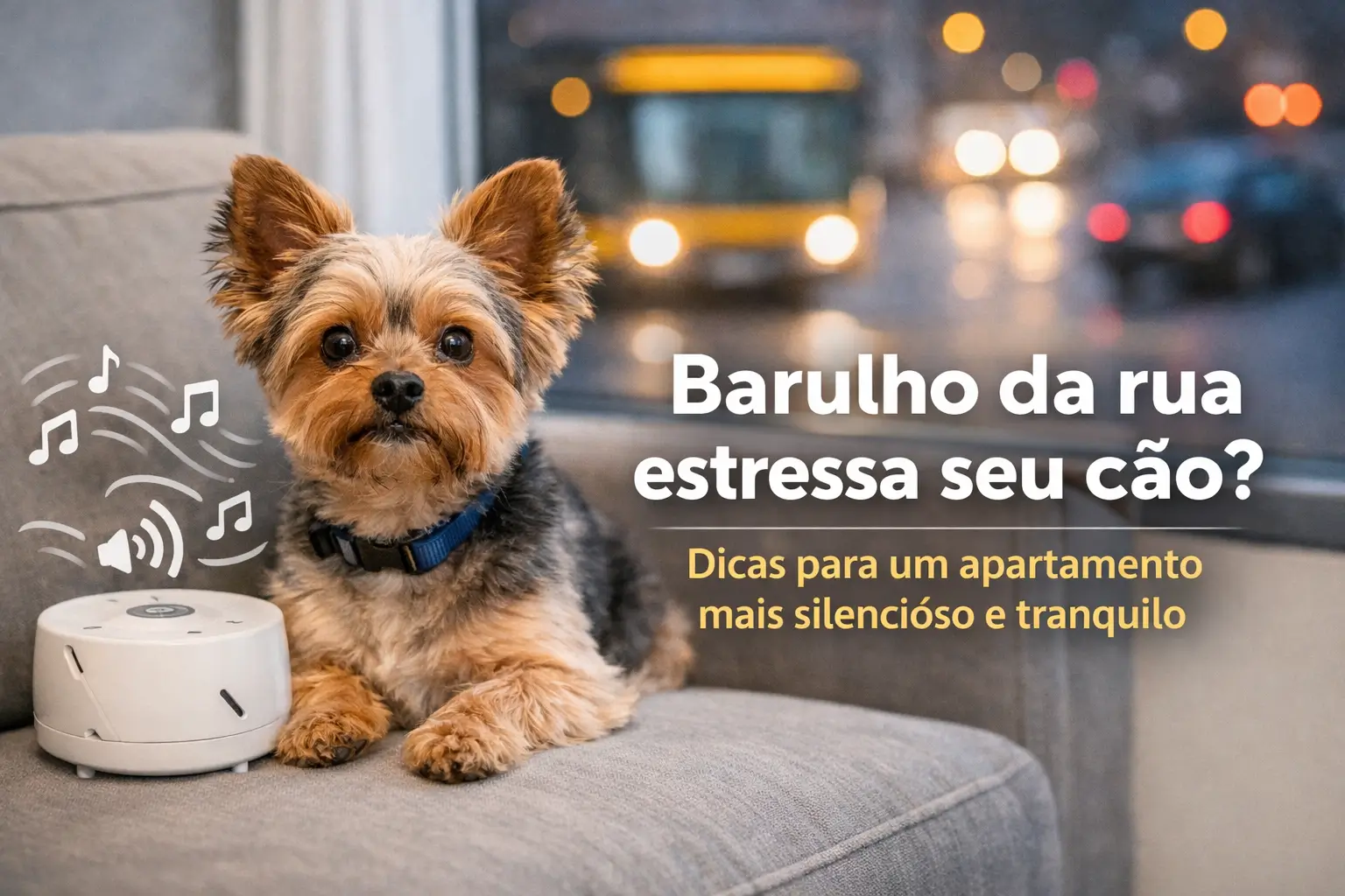 Yorkie no sofá com máquina de som e barulho da rua, 2026