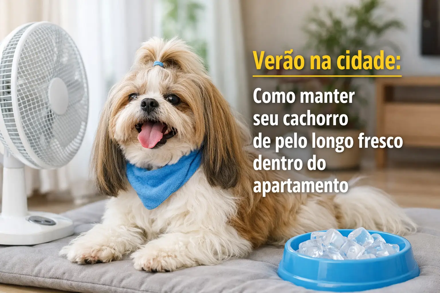 Cachorro feliz com bandana azul e tigela de gelo, verão na cidade