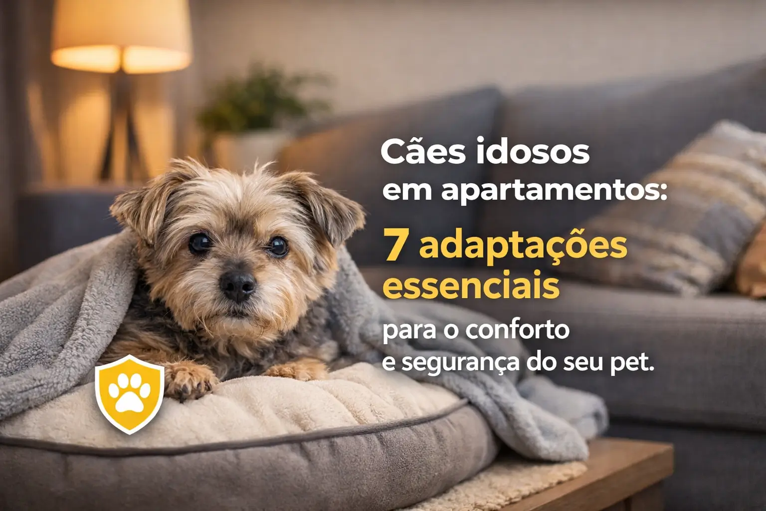 Cachorro idoso em cama com cobertor e texto sobre conforto