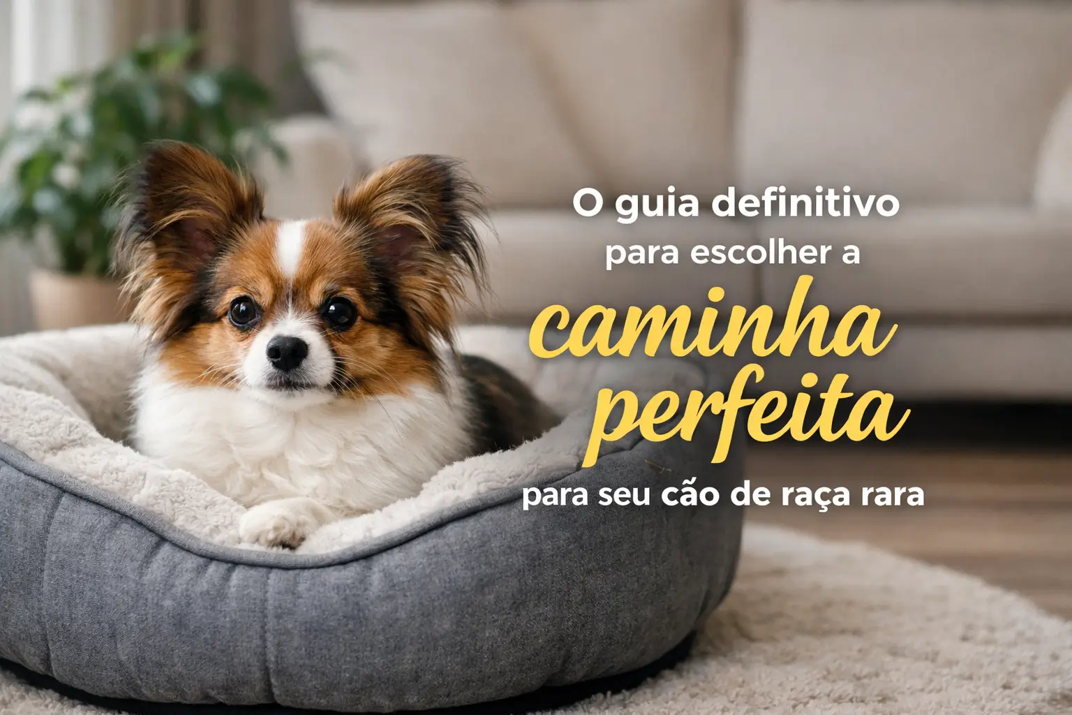 Cachorro de raça rara em cama aconchegante com texto em português