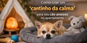 Chihuahua em cama redonda com brinquedos e tenda ao fundo