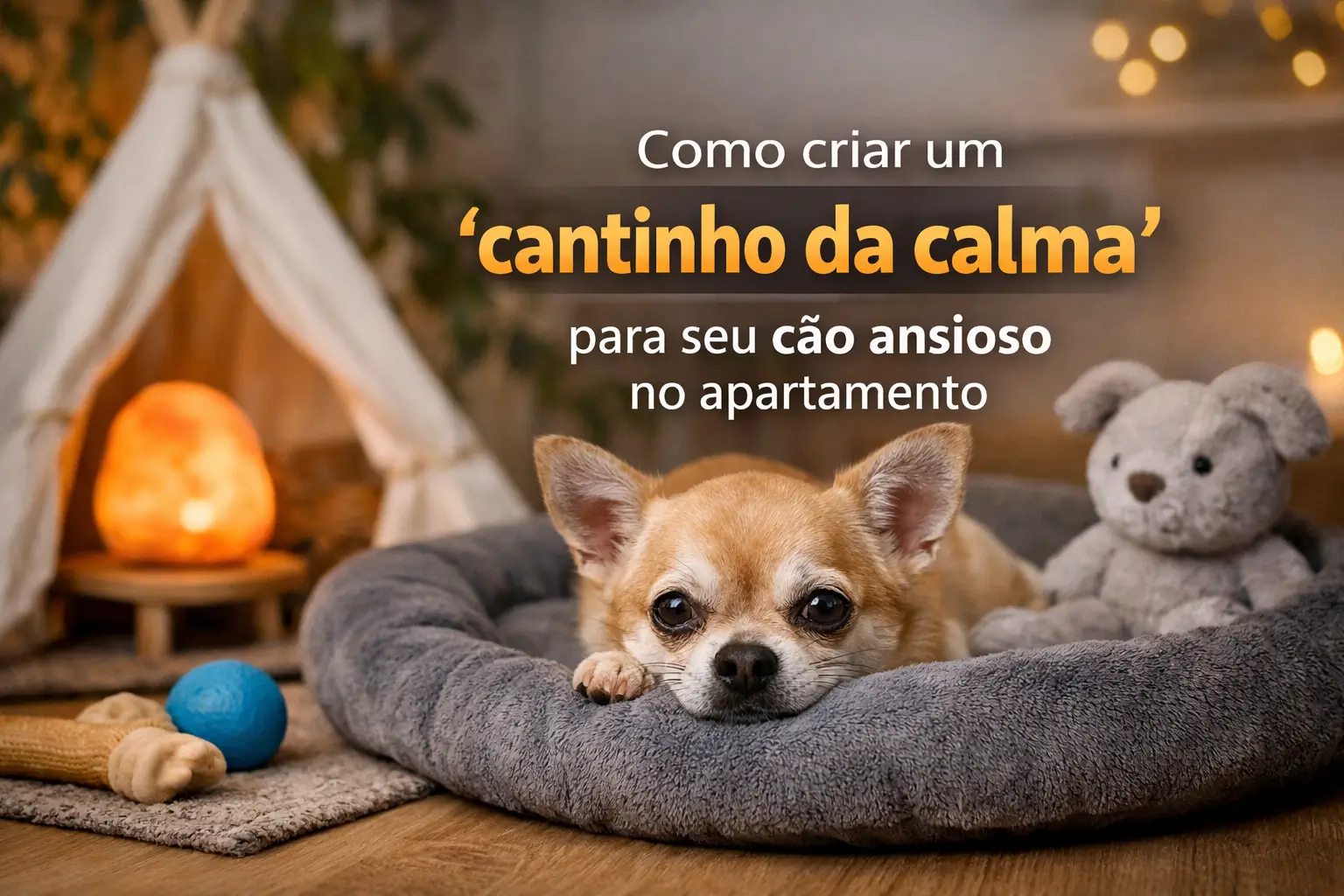 Chihuahua em cama redonda com brinquedos e tenda ao fundo