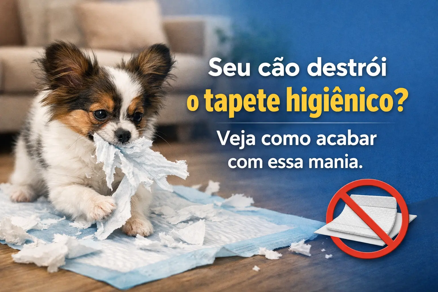 Cachorro fofo rasgando absorvente no quarto aconchegante