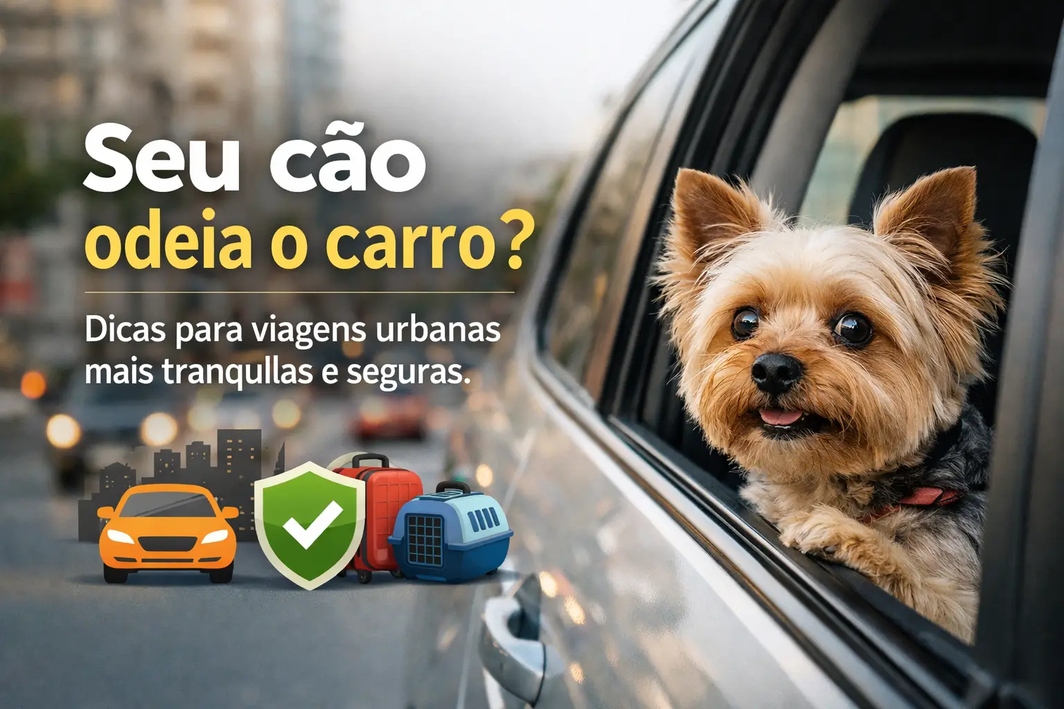 Cachorro Yorkshire Terrier em carro urbano, viagem segura