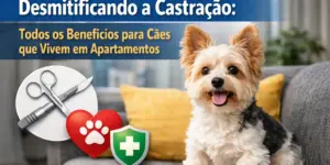 Cão alegre no sofá com texto sobre benefícios da castração