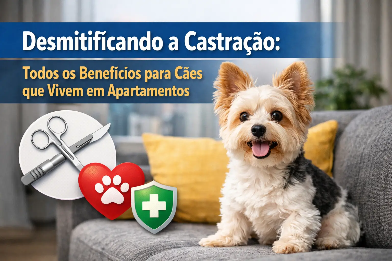 Cão alegre no sofá com texto sobre benefícios da castração