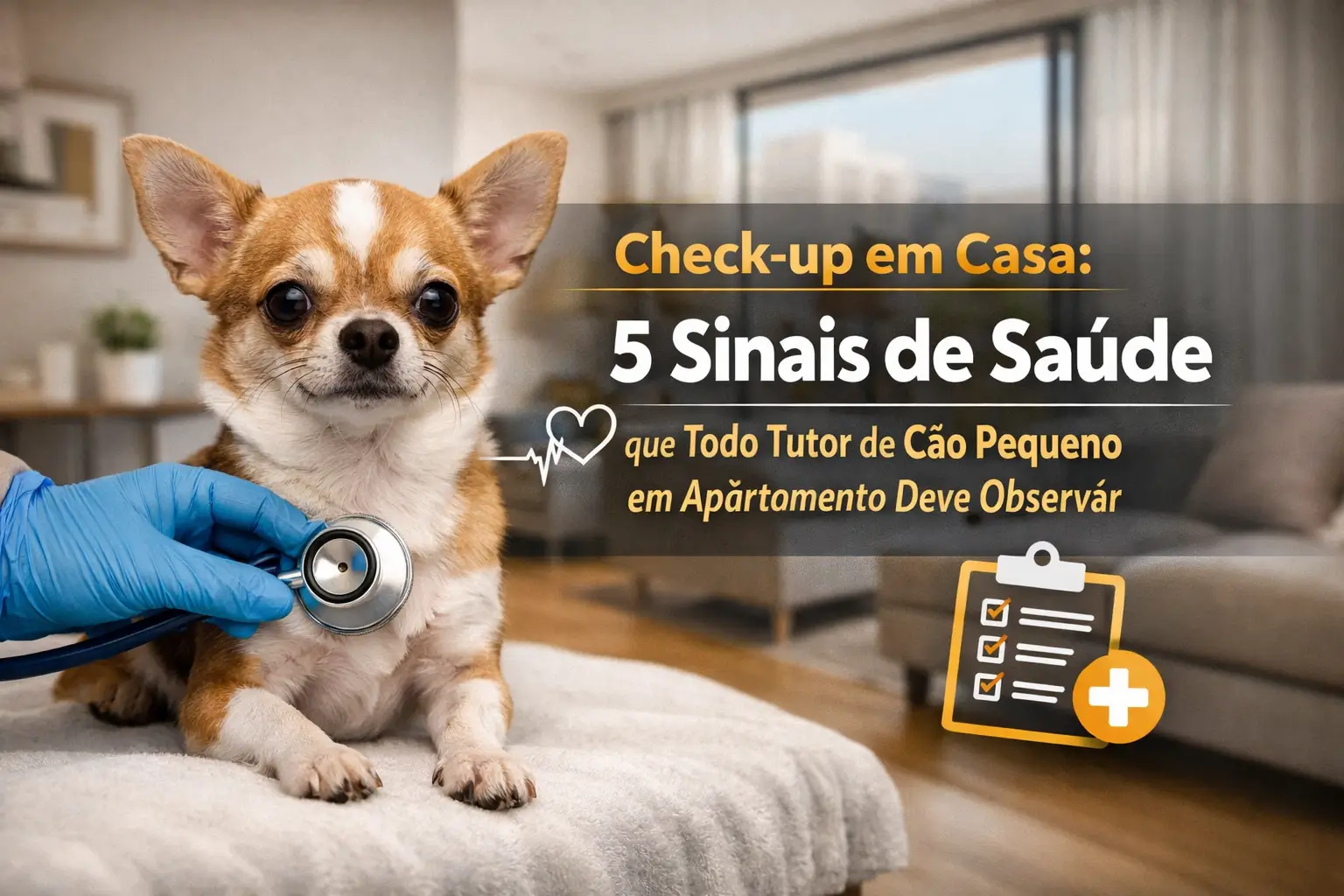 Chihuahua recebe check-up em casa com estetoscópio e ambiente doméstico