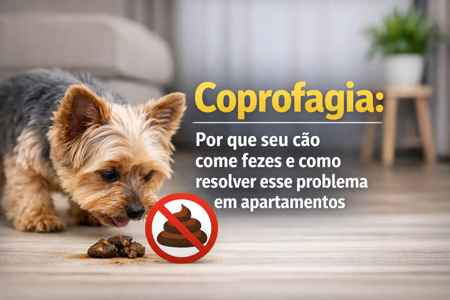 Yorkshire Terrier examinando fezes com símbolo de proibição