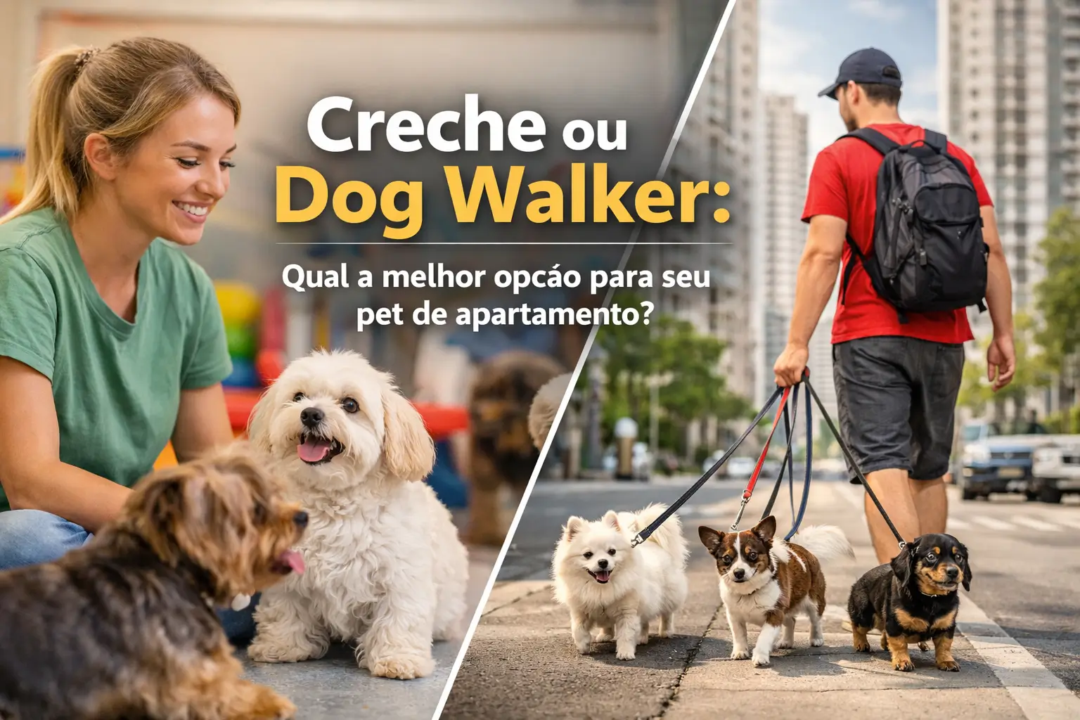 Mulher com cachorros e homem passeando cães na cidade